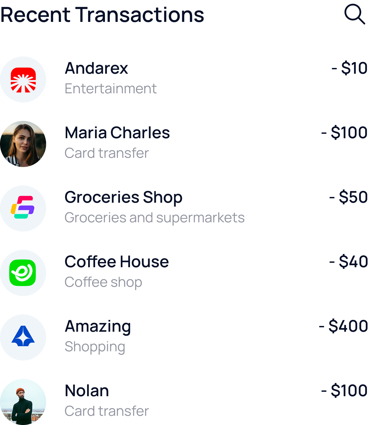 List of recent transactions including Netflix $10 entertainment, Maria Charles $100 card transfer, Walmart $50 groceries, Starbucks $40 coffee, Amazon $400 shopping, Nolan $100 card transfer with corresponding icons and profile pictures.